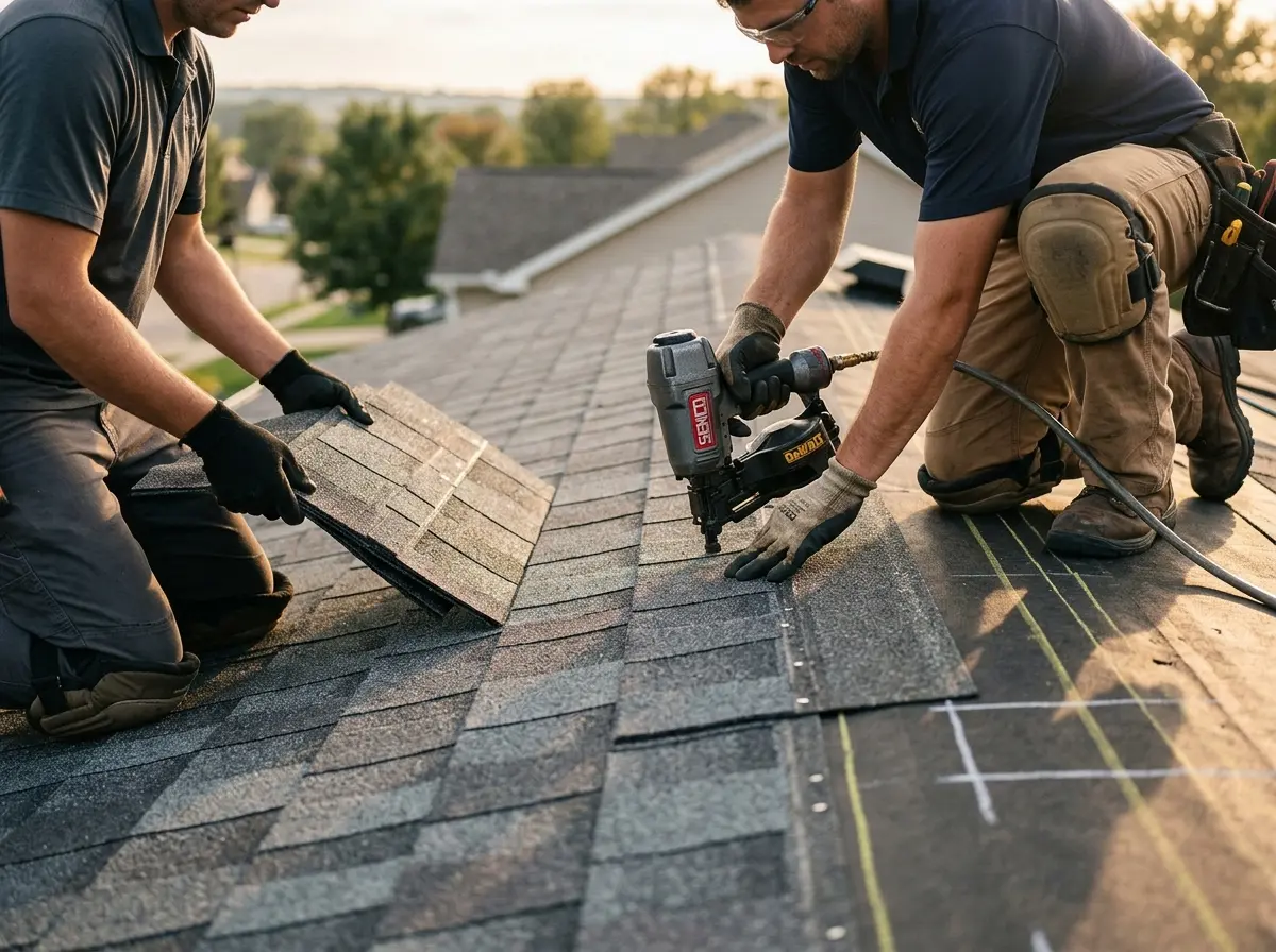 Professional roofer working on a residential roof in Orland Hills